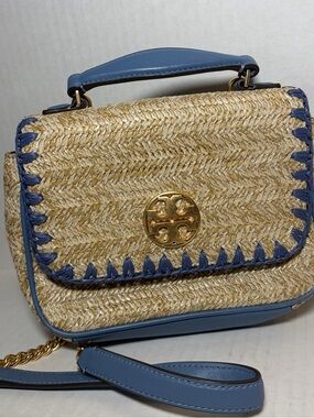 Tory Burch Straw Chain Shoulder Bag Blue Resort Crossbody Top Handle